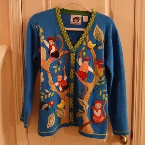RARE Vintage 90s Handknits by Storybook Knits Monkey Banana Cardigan Beaded Sz S